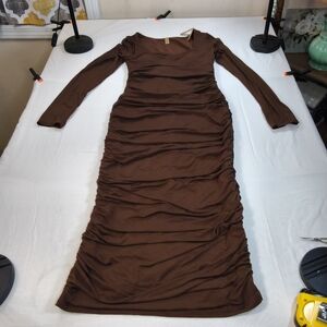 NWT Shapellx Ruched Brown Long Sleeve Maxi Dress Size Medium. TTCP